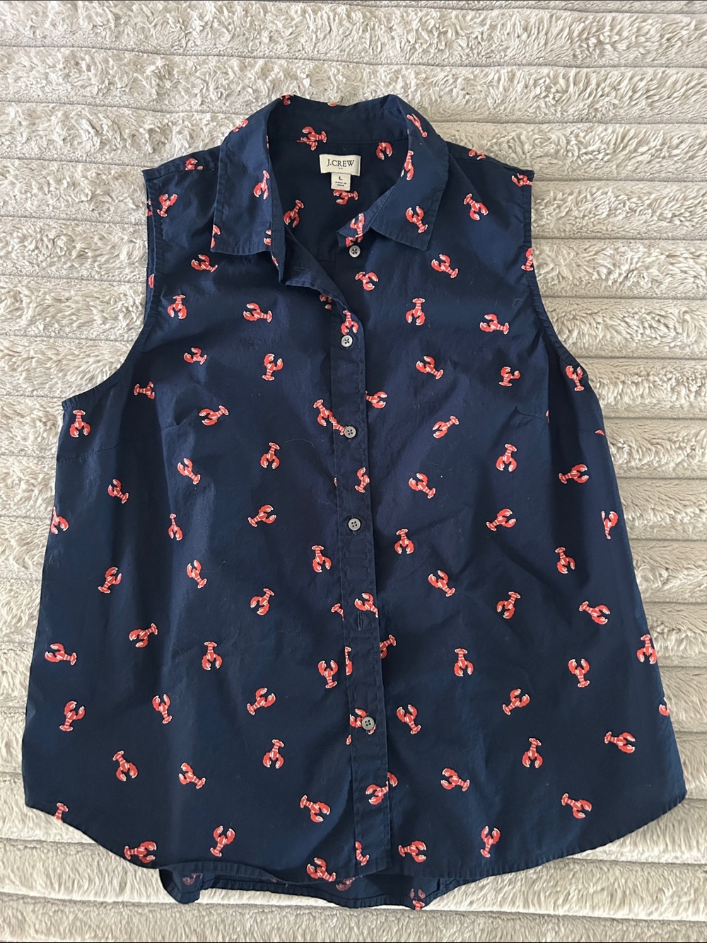 J. Crew Navy Sleeveless Button-Front Top with Red Lobster Print